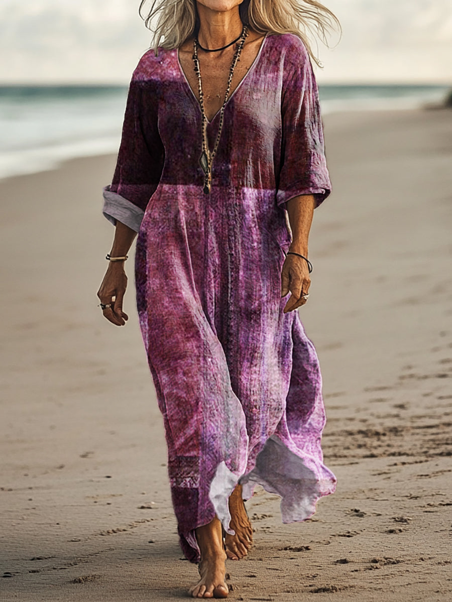 Women's Vintage Floral Art Print Pocket Cotton Dress