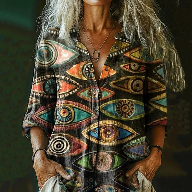 Comstylish Women's Vintage Eye Art Print Long Sleeve Shirt