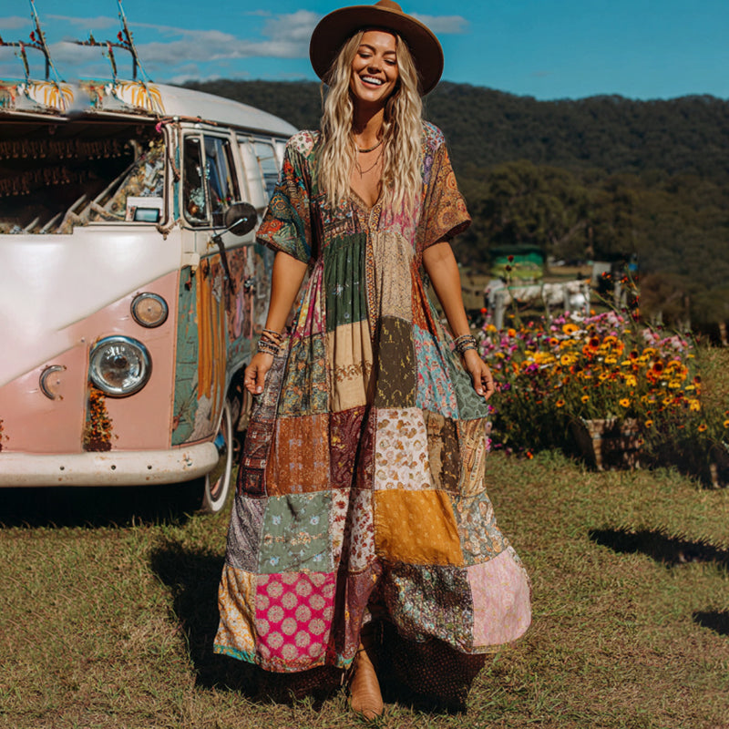 Countryside Style Collection Classy Patchwork Floral Pattern Art Linen Maxi Dress artswardrobe