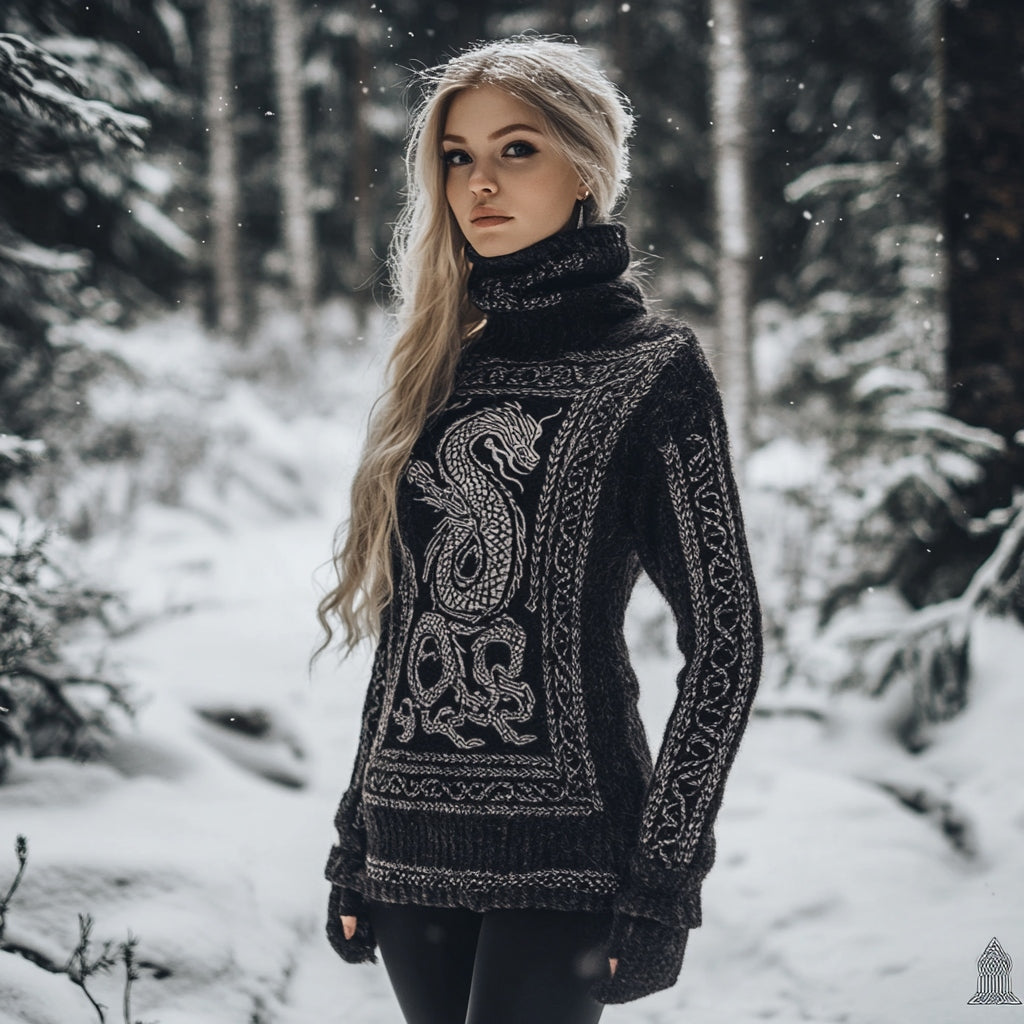 Viking Dragon Pattern Turtleneck Knit Sweater artswardrobe