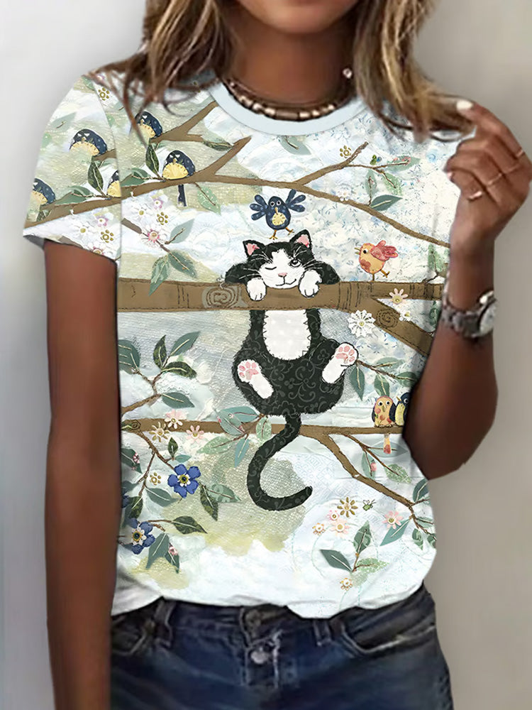 Women's Casual Art Cat Print T-shirt elevenforest