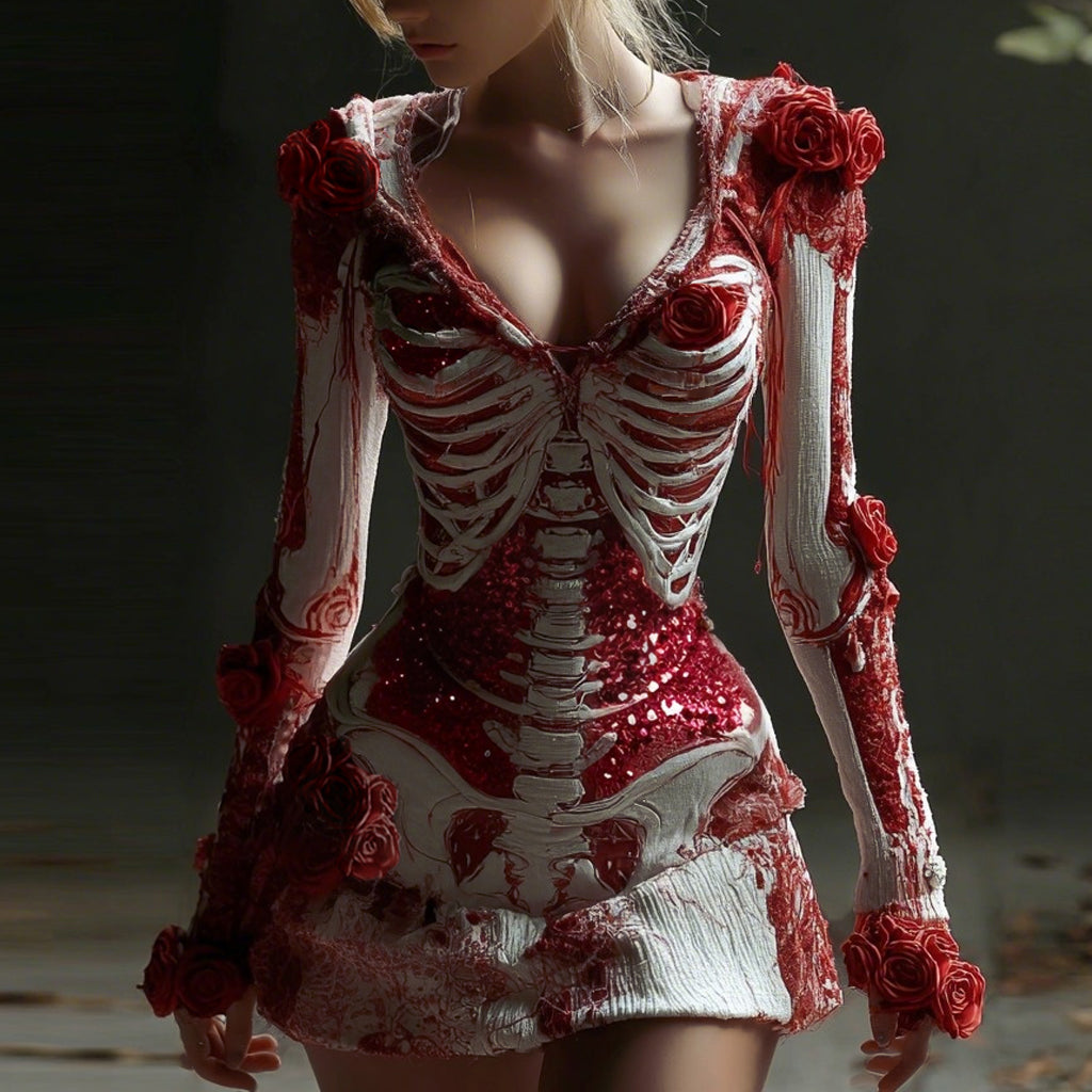 Comstylish Women's Halloween Skull Rose Sequined Bandage Mummy Cosplay Dress