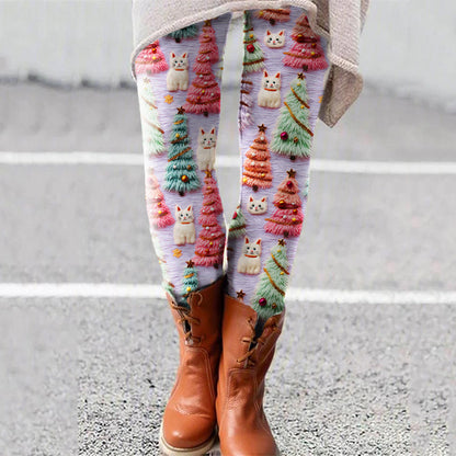 Christmas Tree Cat Print Casual Leggings elevenforest