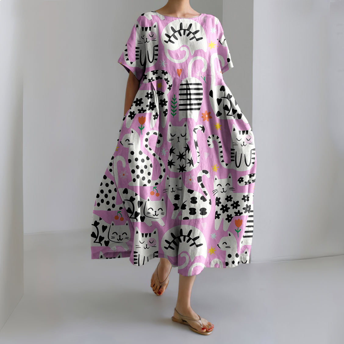 Women's Floral Cat Art Print Crew Neck Dress artswardrobe