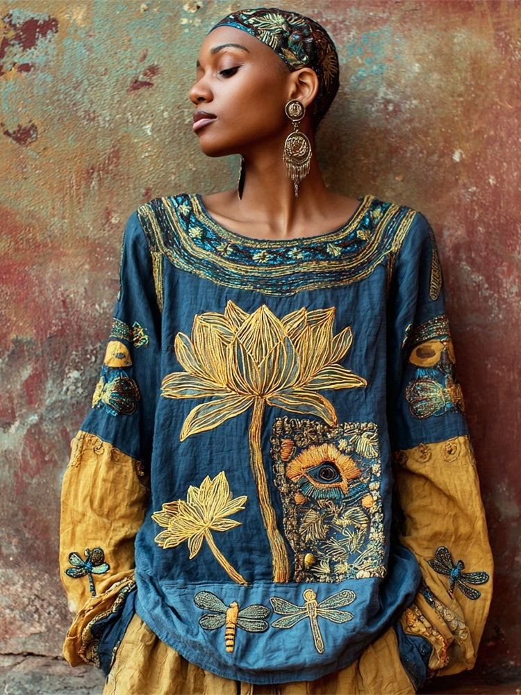Egyptian Seshen Lotus & Dragonfly Pattern Women's Linen Loose Shirt artswardrobe