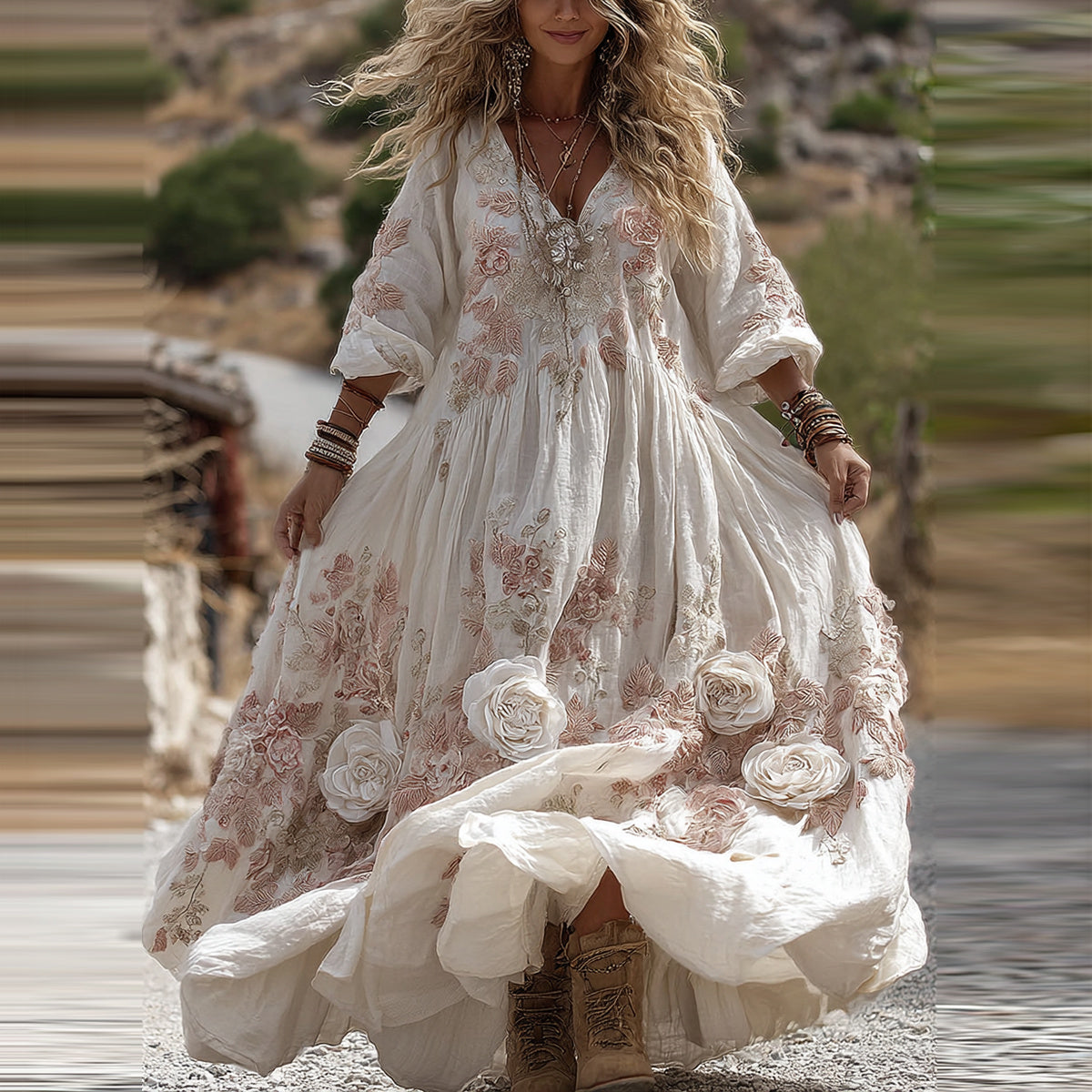 Women's Vintage Romantic White Rose Embroidery Art Comfy Linen V Neck Maxi Dress artswardrobe