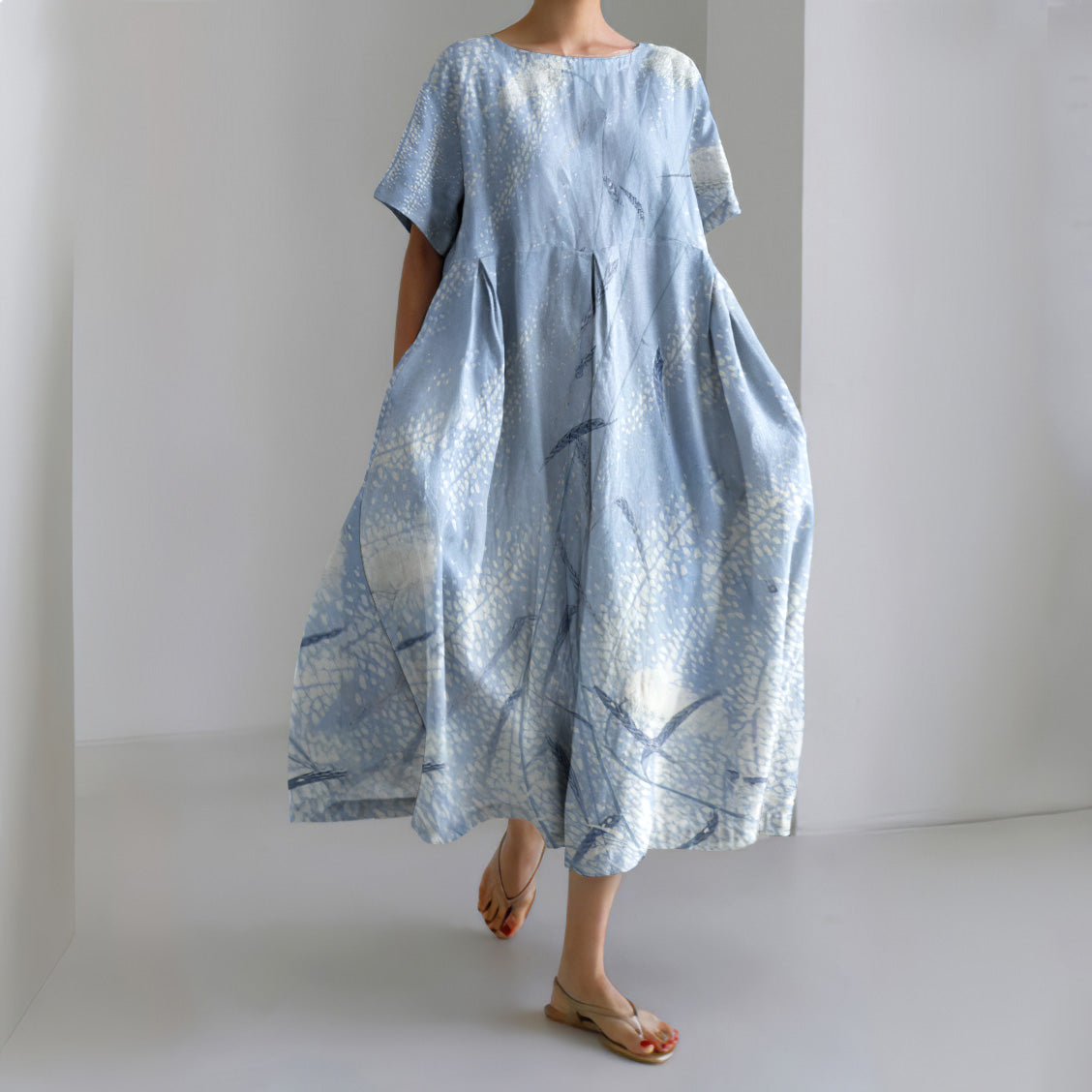 Comstylish Japanese Art Flower Print Round Neck Short Sleeve Midi Dress