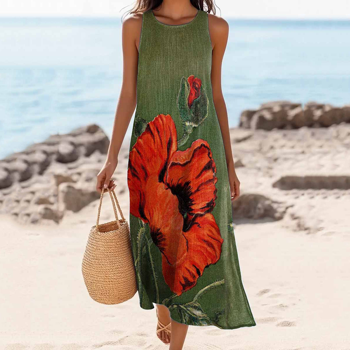 Women's Vintage Floral Print Linen Blend Tank Midi Dress artswardrobe