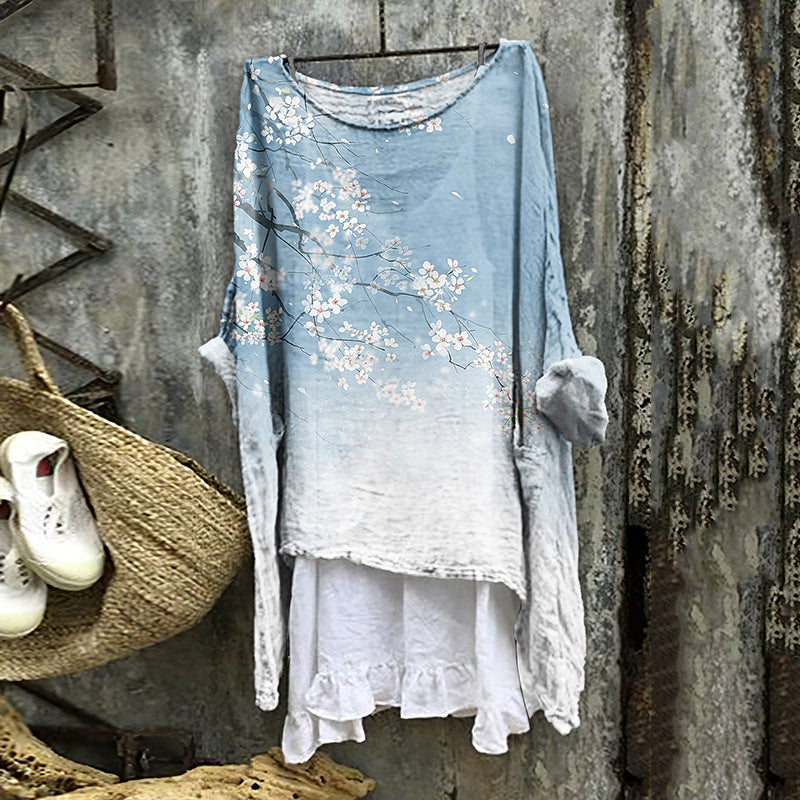 Comstylish Women's Vintage Gradient Flower Art Linen Casual T-shirt