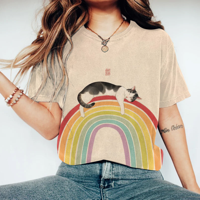 Japanese Art Casual Cat Rainbow Print Round Neck T-Shirt elevenforest