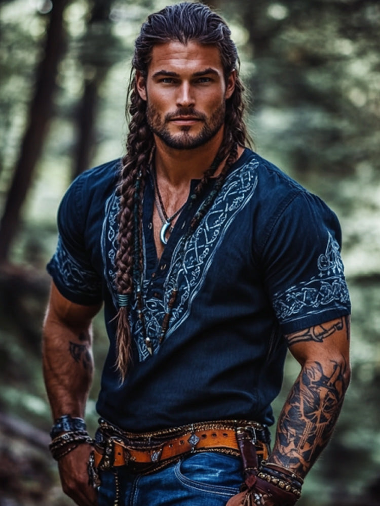 Vintage Viking Rune Print V Neck Short Sleeve T-shirt artswardrobe