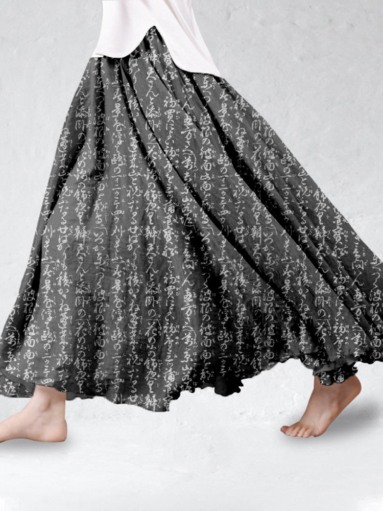 Comstylish Japanese Inspired Patterns Linen Blend Flowy Wide Skirt