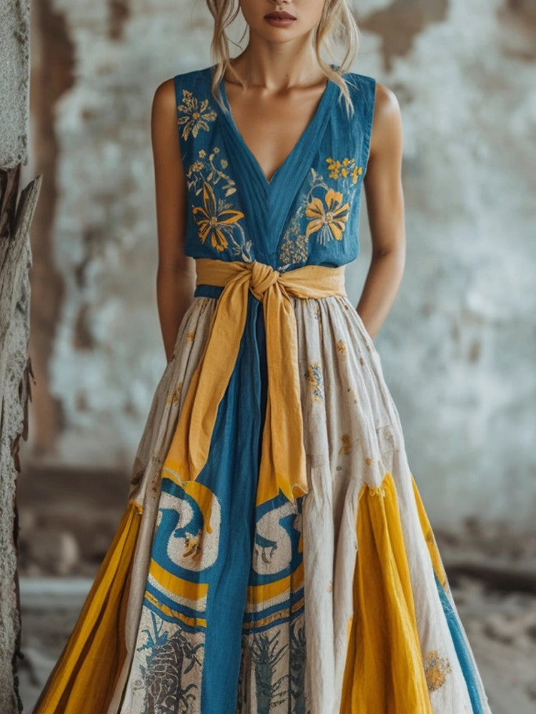 Vintage Floral Embroidery Women's Bow Belt Vest Dress artswardrobe