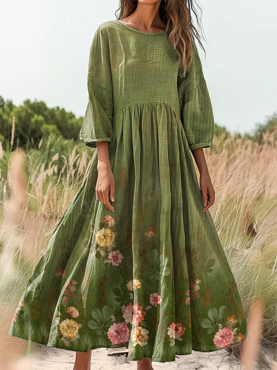 Women's Floral Print Flowy Crew Neck Pocket Cotton Dress