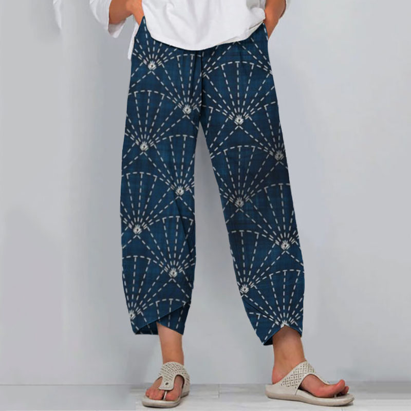 Comstylish Vintage Japanese Traditional Sashiko Fan-Shaped Art Pattern Cropped Casual Pants