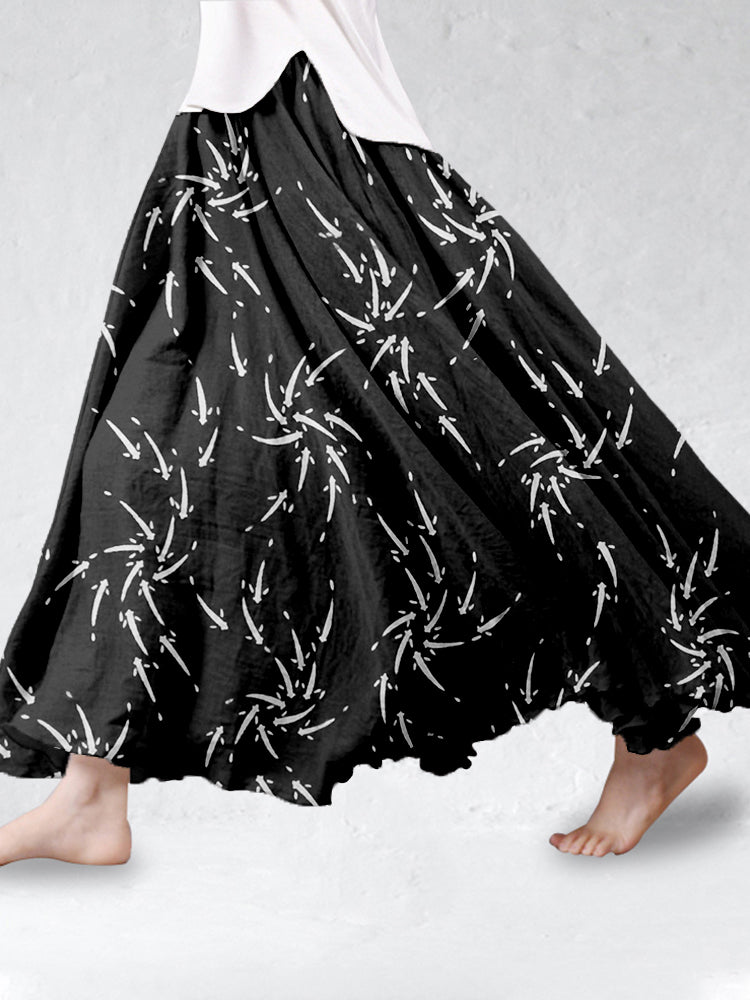 Comstylish Vintage Japanese Medaka Fish Art Linen Blend Flowy Wide Skirt