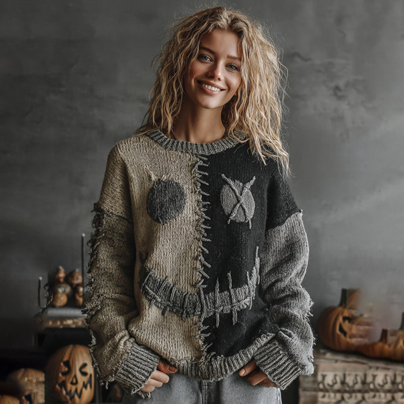Halloween Pumpkin Face Art Cozy Knit Sweater artswardrobe