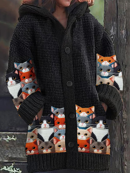 Comstylish Women's Retro Cat Print Sweater Jacket