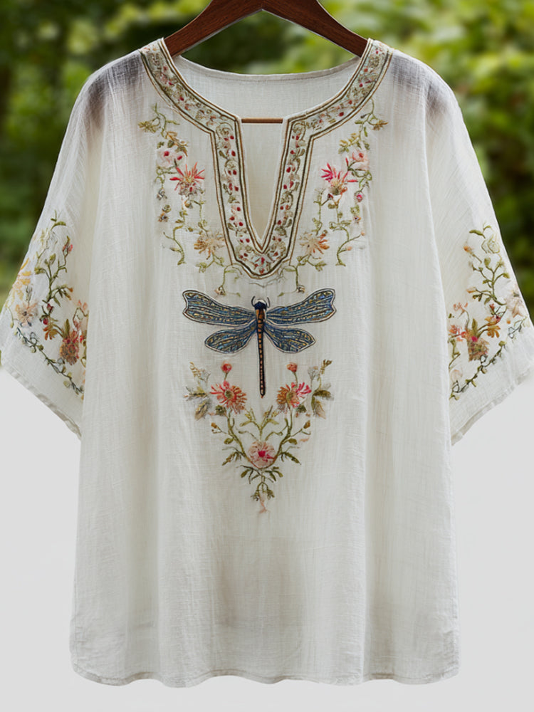 Vintage Cotton And Linen Dragonfly And Flower Pattern White V-neck Short-sleeved T-shirt artswardrobe