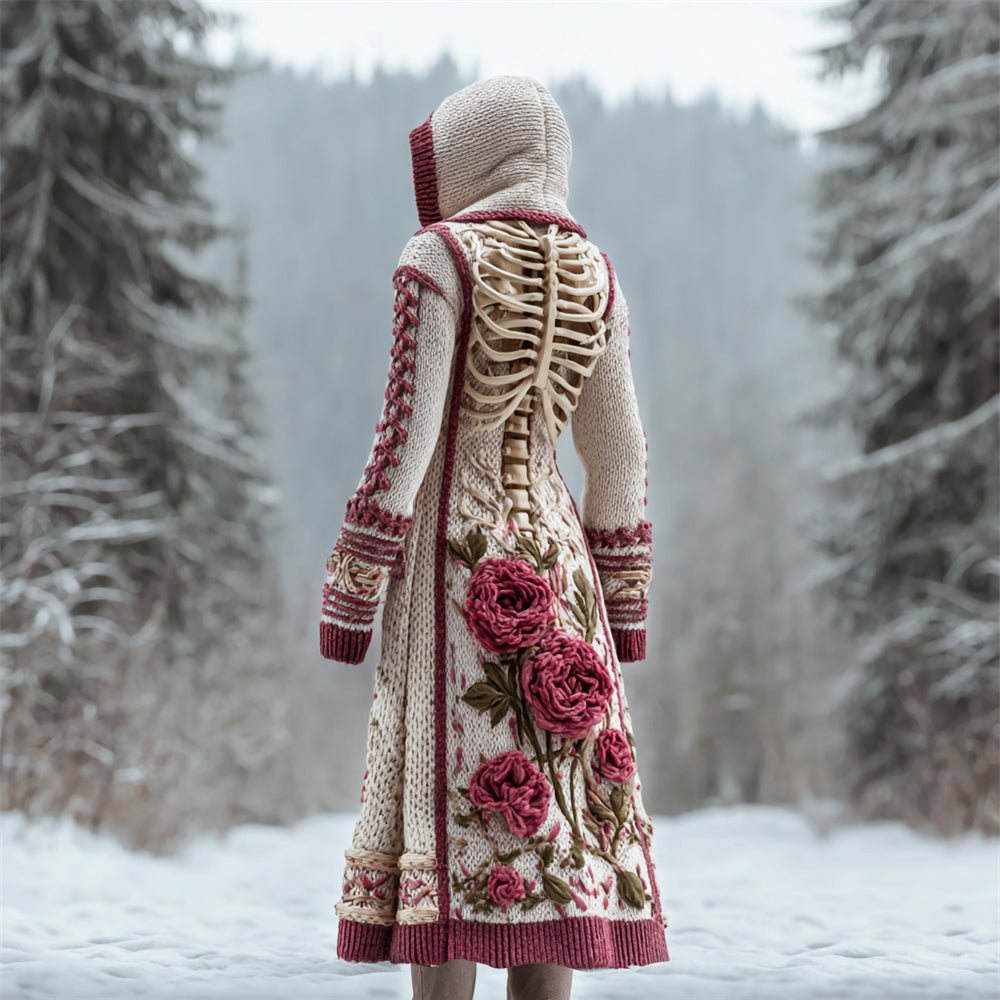 Floral & Skeleton Art Women's Knit Hooded Maxi Dress artswardrobe