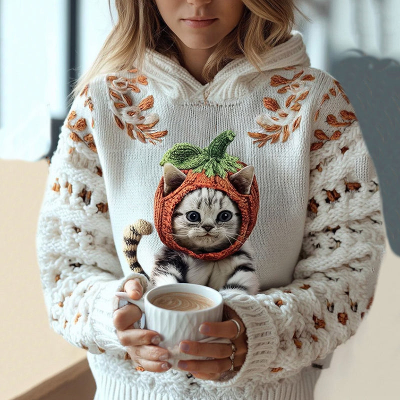 Comstylish Women's Cute Winter Pumpkin Cat Art Knitted Warm Sweater