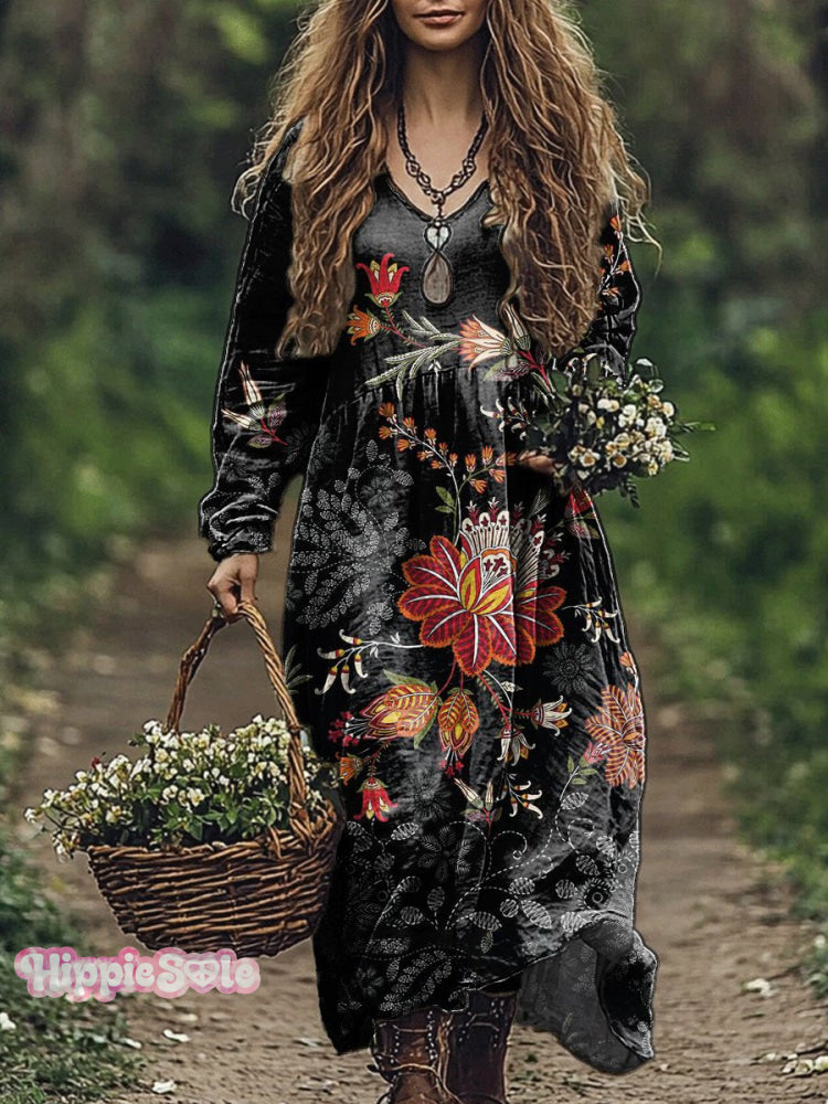 Women's Floral Art Print Pocket Cotton Dress