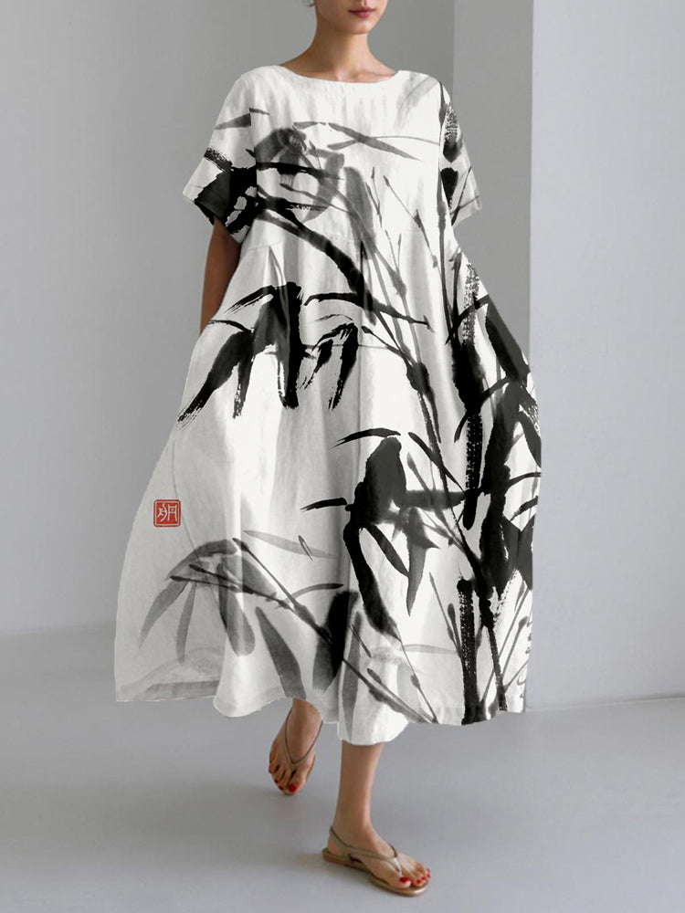 Bamboo Ink Painting Art Linen Blend Maxi Dress