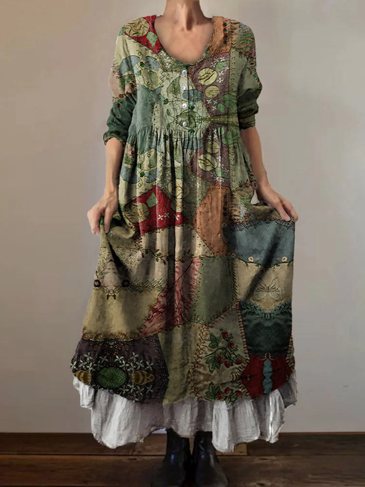 Women's Floral Patchwork Pattern Art Print V-Neck Button Pocket Cotton