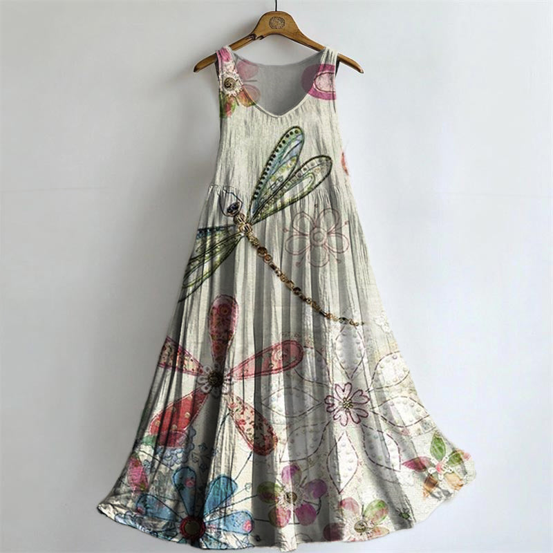 Women's Vintage Floral Dragonfly Art Print Crew Neck Sleeveless Cotton