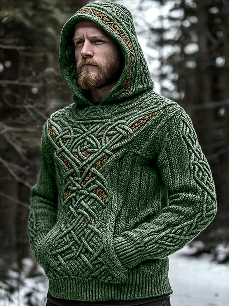 Men's Viking Jacquard Celtic Style Cozy Knit Hooded Sweater artswardrobe
