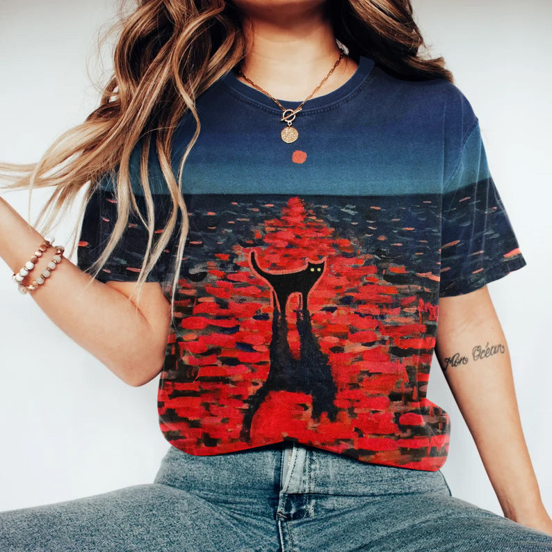 Art Cat Print Casual T-Shirt elevenforest