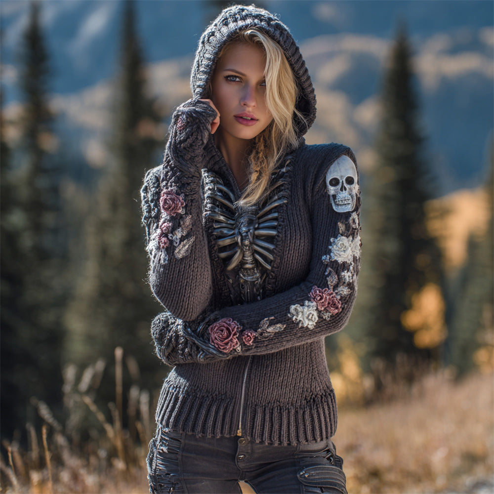 Halloween Mechanical Skeleton Floral Knit Art Women's Hooded Zipper Sweater artswardrobe