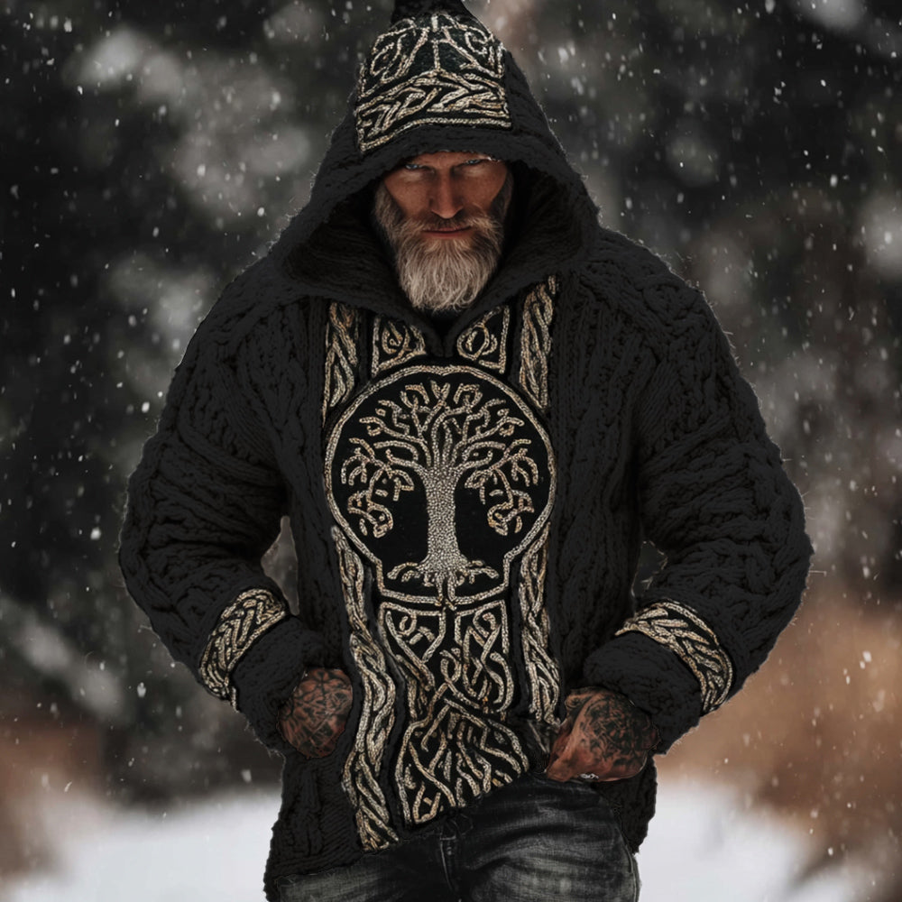 Men's Viking Style Tree Of Life White Thick Needle Hooded Sweater artswardrobe