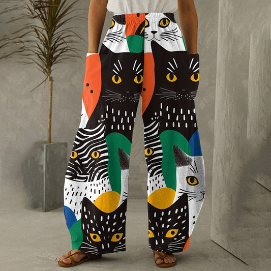 Comstylish Cute Cat Print Women's Casual Pants