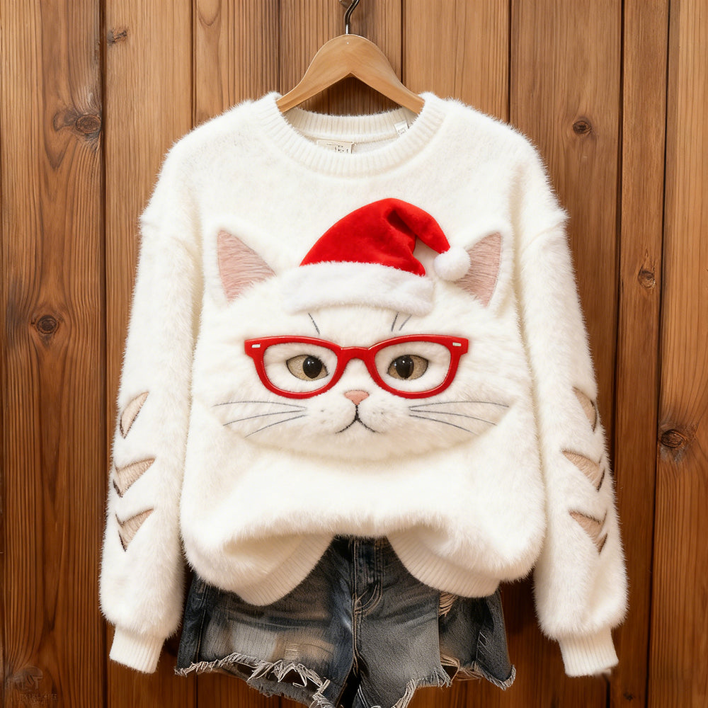 Comstylish Christmas Santa Glasses Cat Flannel Crew Neck Sweatshirt
