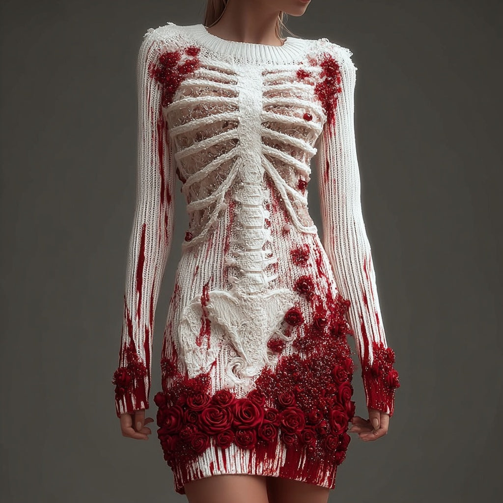 Bloody Skeleton Roses Embroidered Comfy Sweater Dress artswardrobe