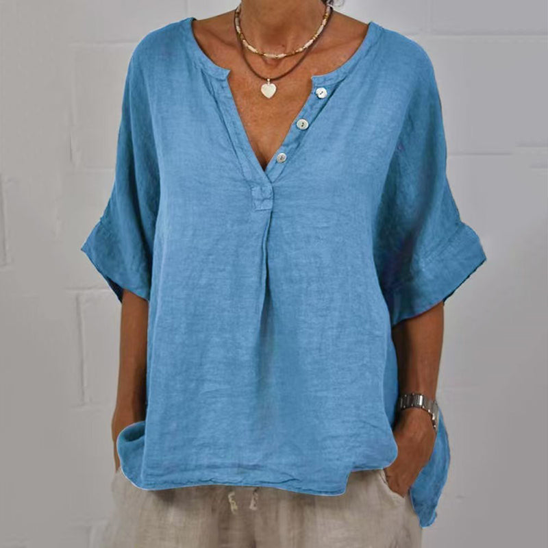 Women's Solid Color Button Linen V-neck Shirt artswardrobe