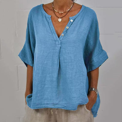 Women's Solid Color Button Linen V-neck Shirt artswardrobe