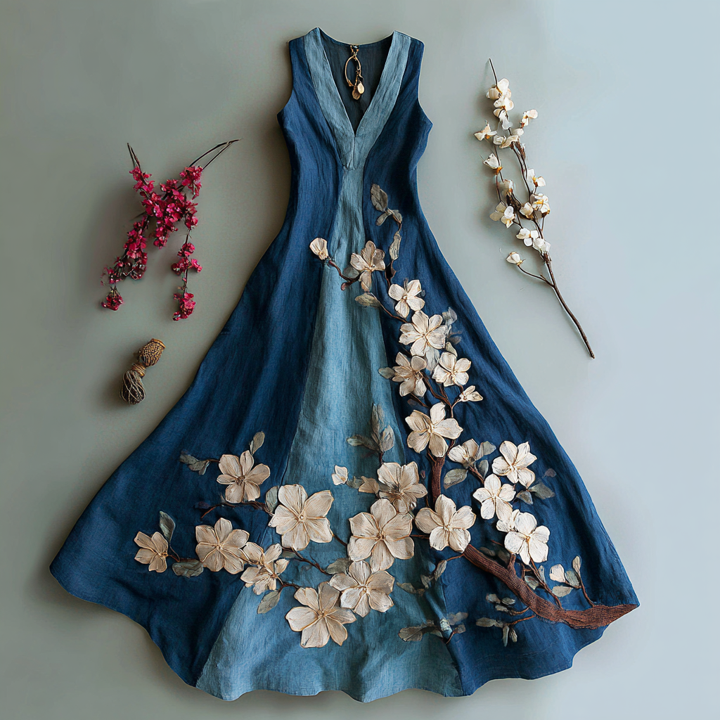 Comstylish Women's Vintage Japanese Floral Art Colorblock Casual Linen Sleeveless Dress