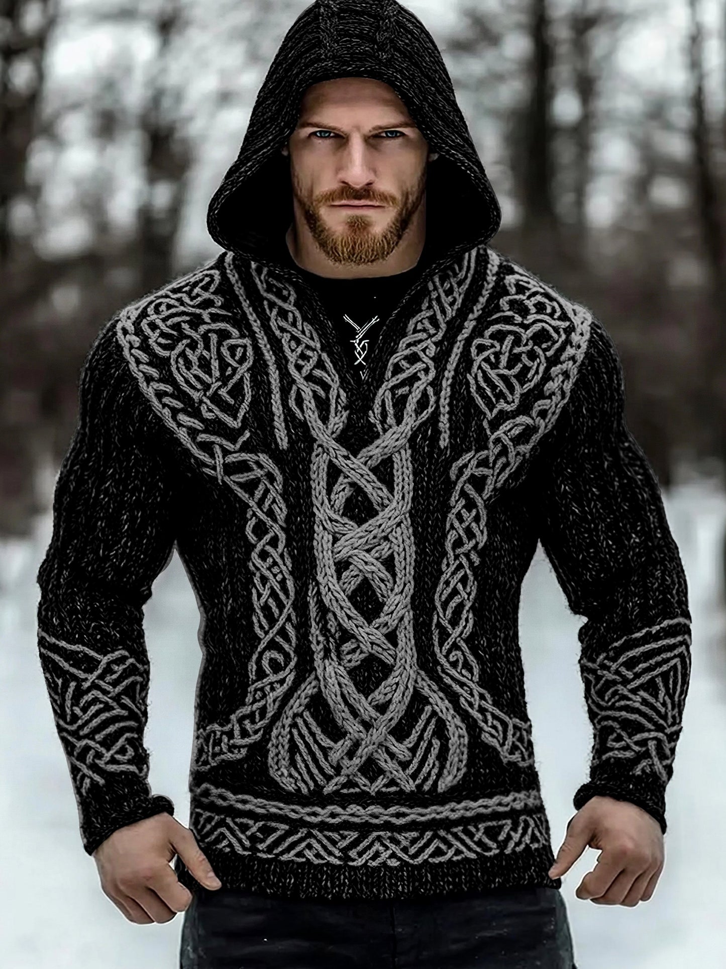 Men's Viking Tribal Jacquard Inspired Celtic Hooded Sweater artswardrobe