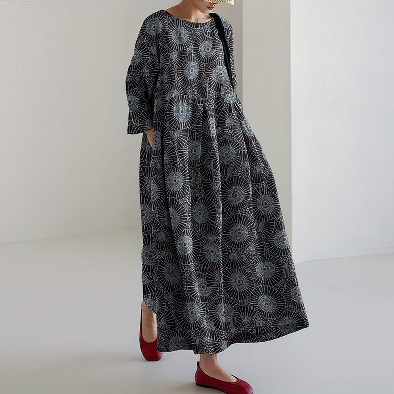 Comstylish Vintage Japanese Traditional Sashiko SevenBerry Art Cropped Print Casual Midi Dress