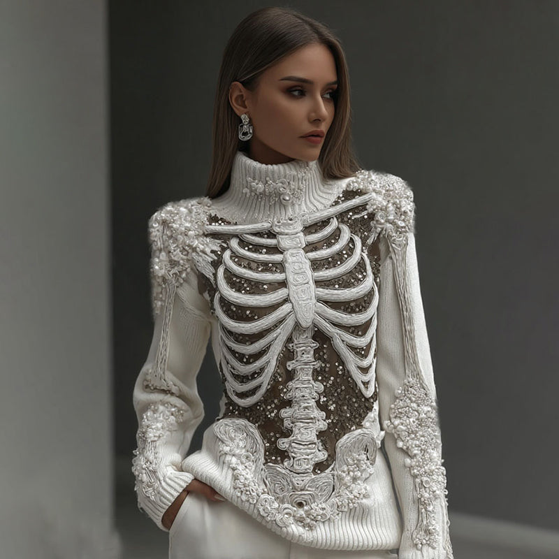Comstylish Women's Vintage Skeleton Sequins & Glitter Floral Art Cozy High Neck Sweater