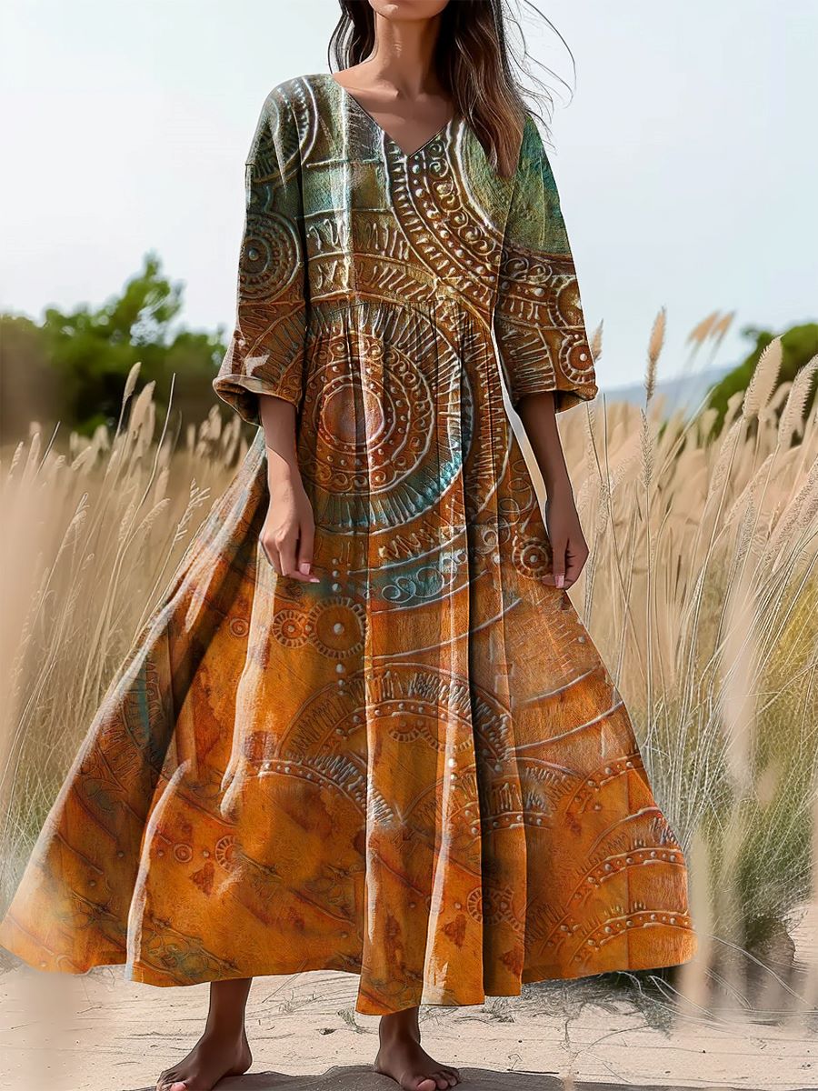 Women's Mandala Art Print Flowy V-Neck Cotton Dress