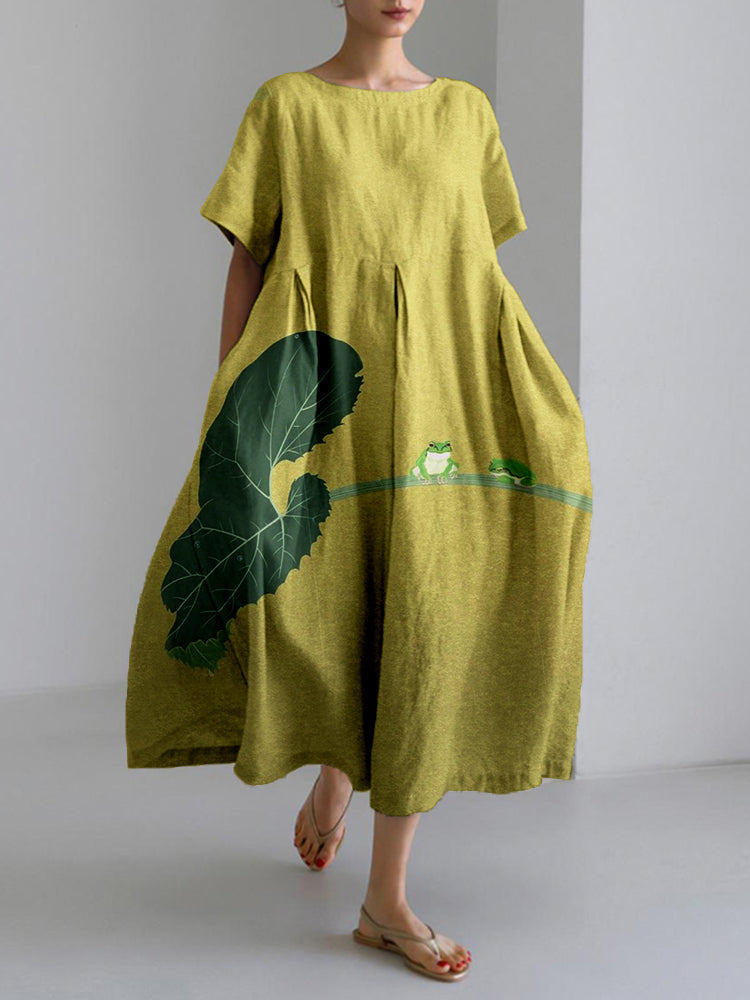 Comstylish Vintage Japanese Frog Linen Blend Maxi Dress