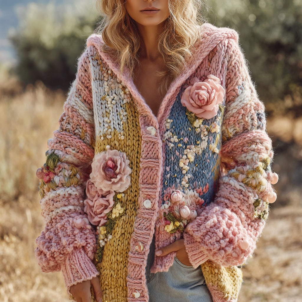 Women's Vintage Floral Chunky Knit Warm Hooded Cardigan Sweater artswardrobe