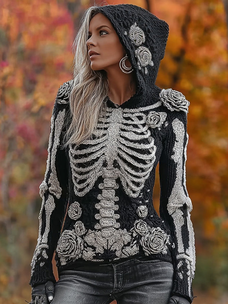 Comstylish Classy Skeleton Roses Crochet Art Cozy Hooded Sweater