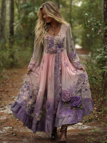 Vintage Classy Gradient Purple Lavender And Floral Embroidered Maxi Dress artswardrobe