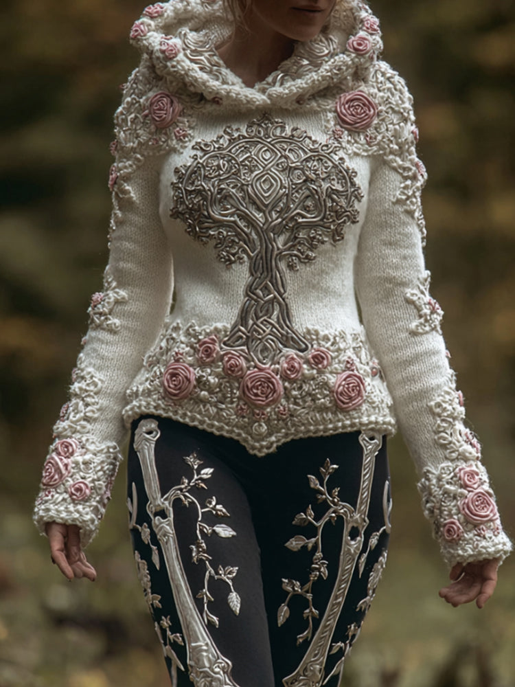 Woman Viking Tree Of Life And Pink Rose Warm Hooded Sweater artswardrobe