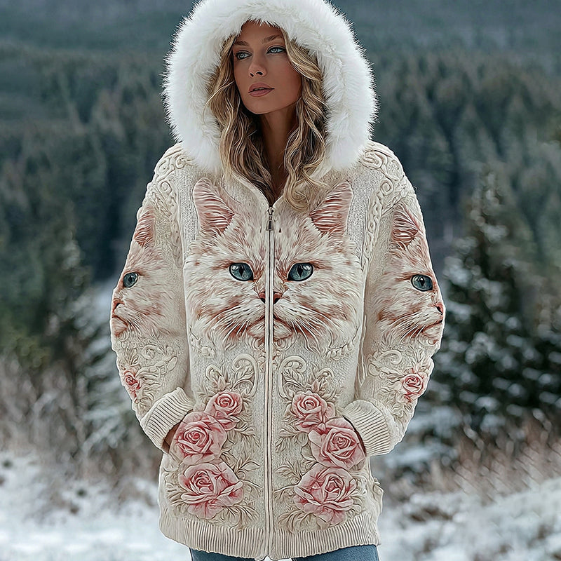 Comstylish Vintage Cute Cat Face With Roses Art Embroidered Art Cozy Plush Full Zip Hoodie