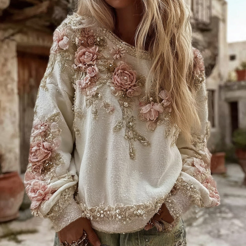 Comstylish Women's Vintage Pink Rose Embroidery Art Round Neck Casual Sweatshirt